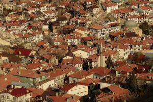 Traditional, red-roofed homes and mosque in Ankara’s old town