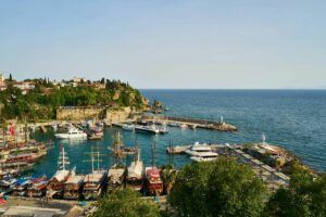 Panoramic view of Kaleiçi Marina and coastline in Antalya
