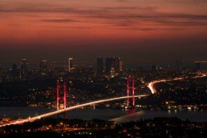 Istanbul skyline with illuminated Bosphorus Bridge at night